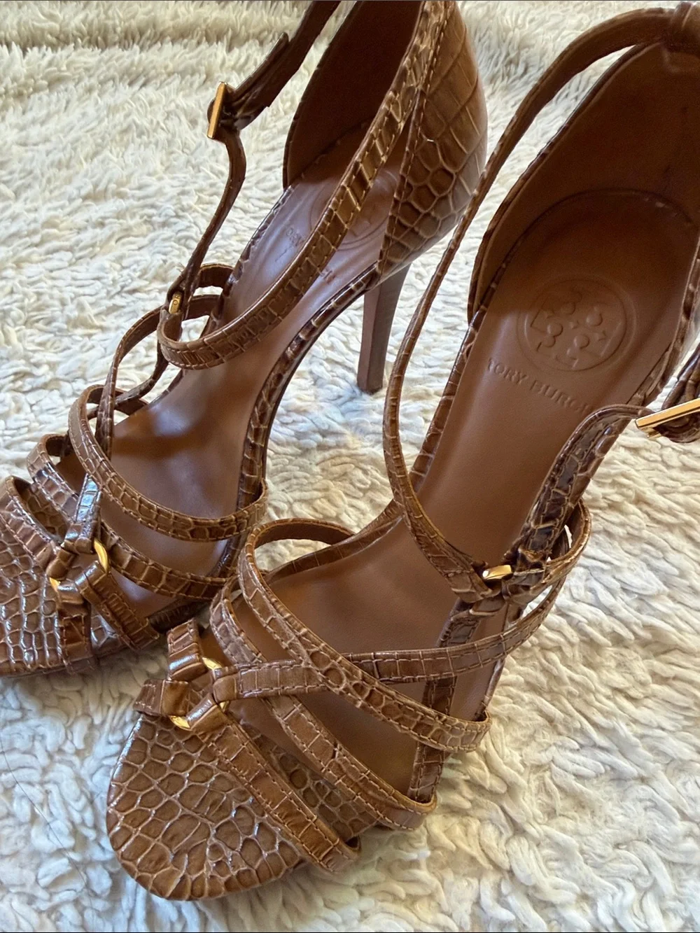 Tory Burch Cognac Croc-Embossed Strappy Heels size 8M